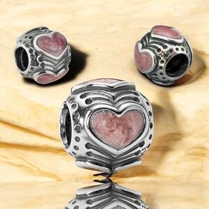 PANDORA Sterling Silver Pink Rose Ebamel Heart Bead Charm Retired